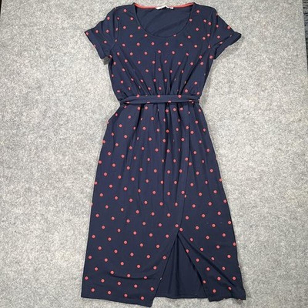 Boden Dress Womens 10 Blue Red Polka Dot Belted Jersey T Shirt Midi Short Sleeve